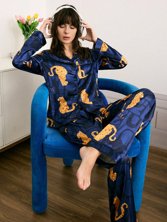 Midnight Cheetah Satin Pajama Set