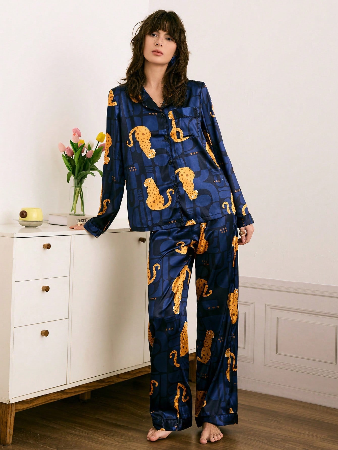 Midnight Cheetah Satin Pajama Set