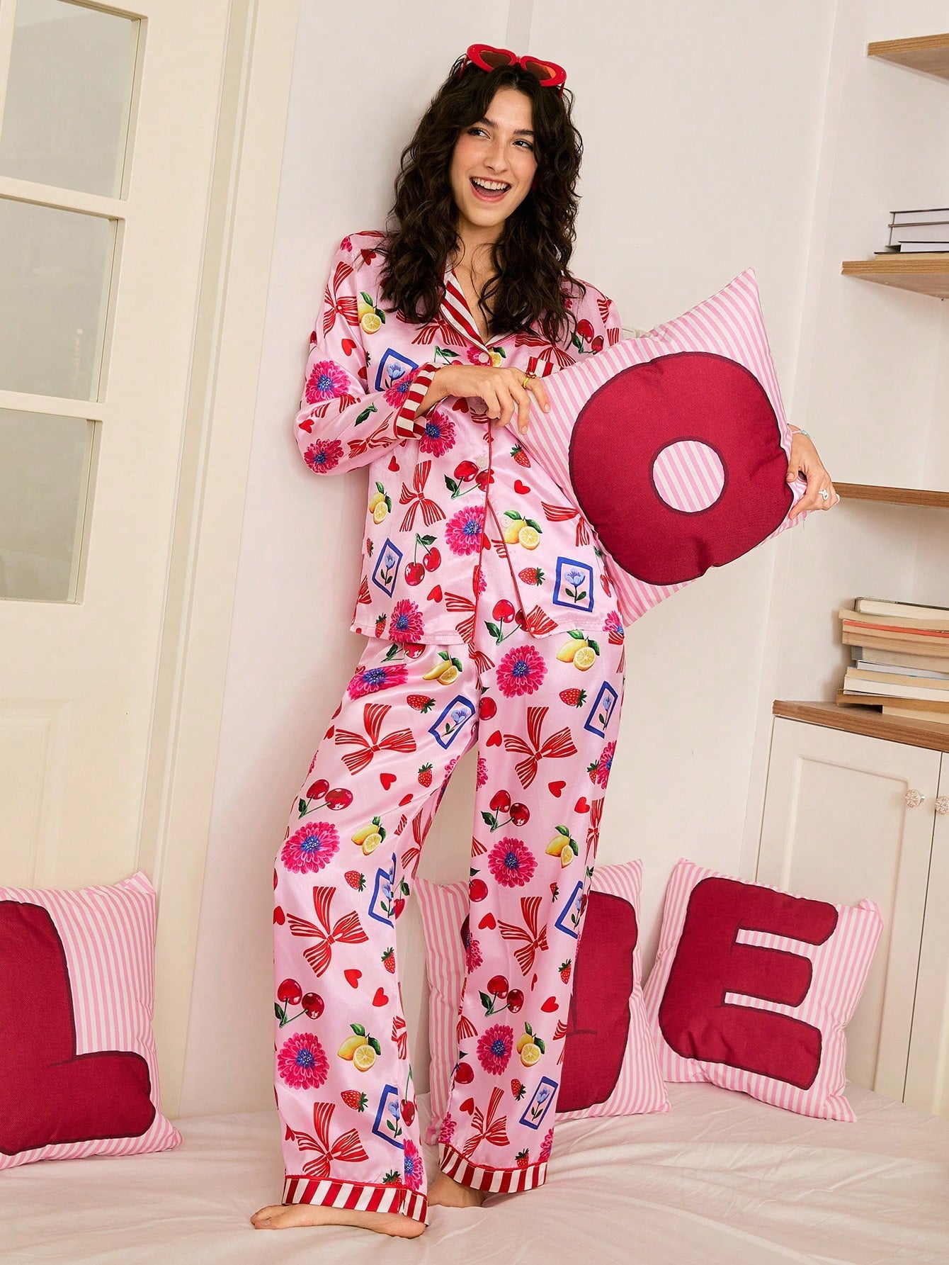 Cherry Ribbon Satin Pajama Set