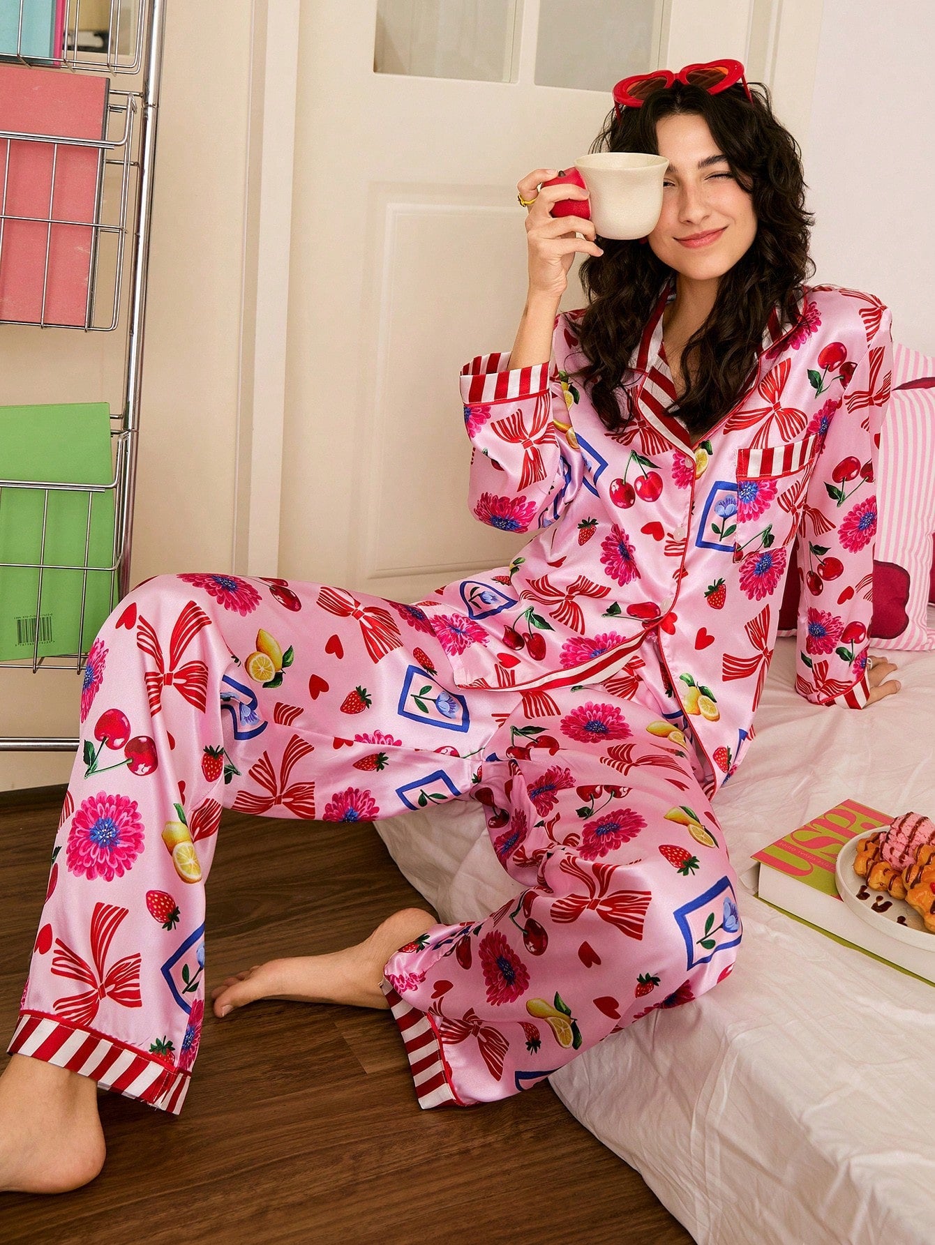 Cherry Ribbon Satin Pajama Set