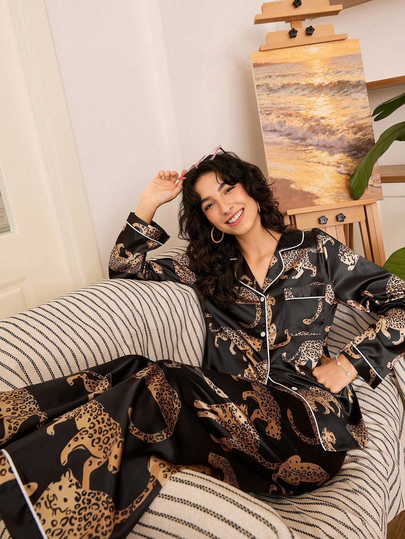 Midnight Leopard Satin Pajama Set