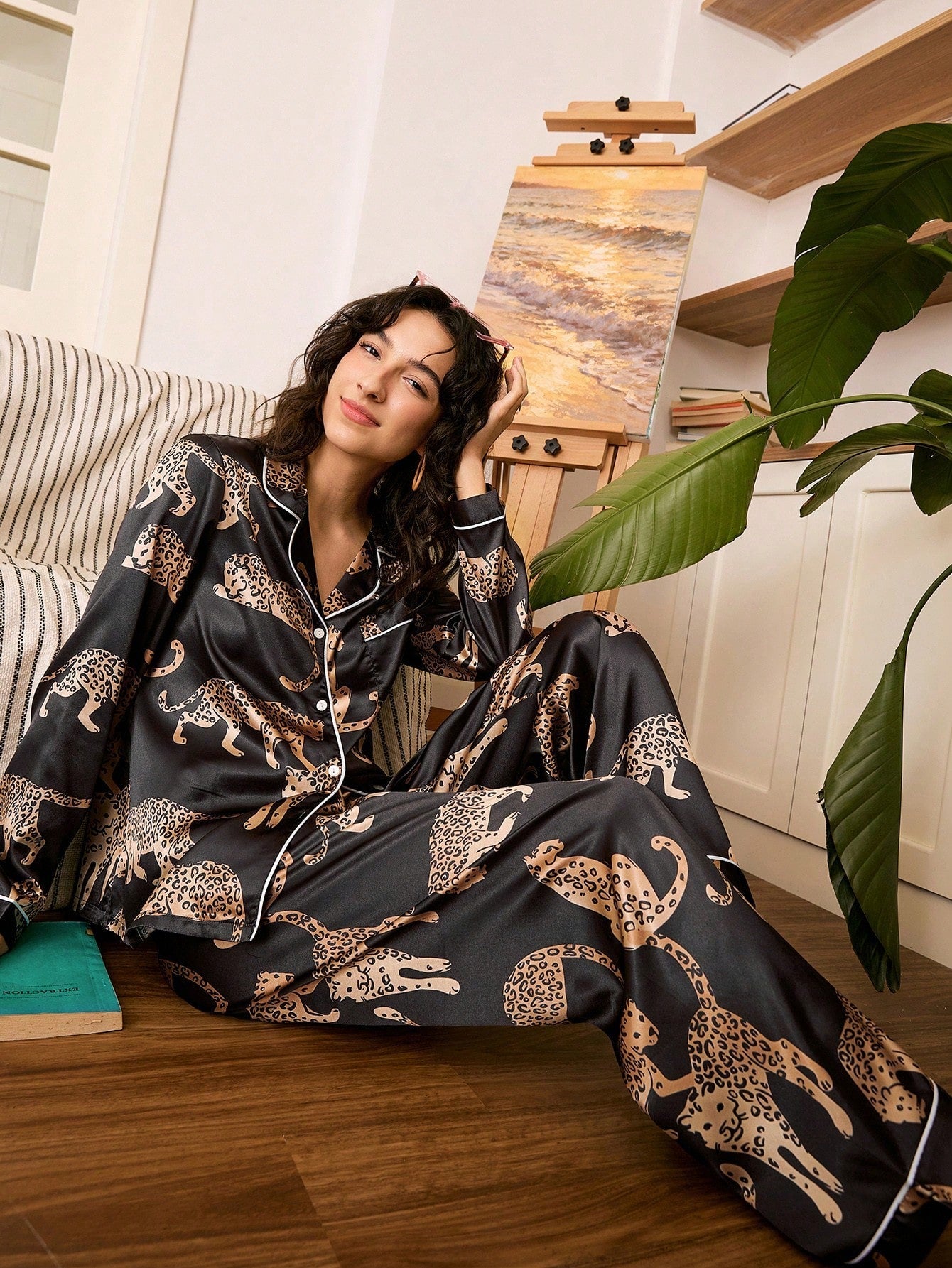 Midnight Leopard Satin Pajama Set