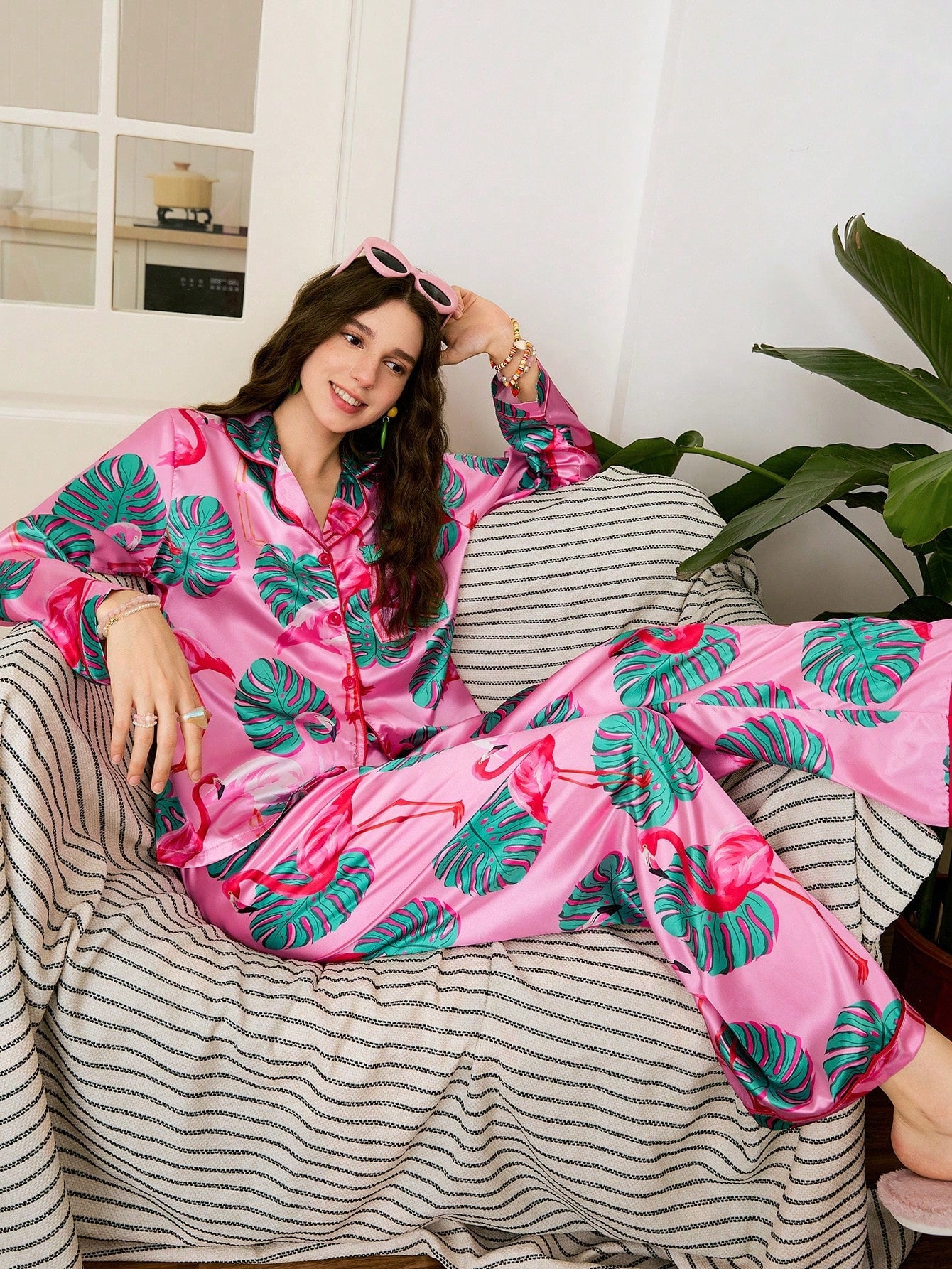 Tropical Flamingo Satin Pajama Set