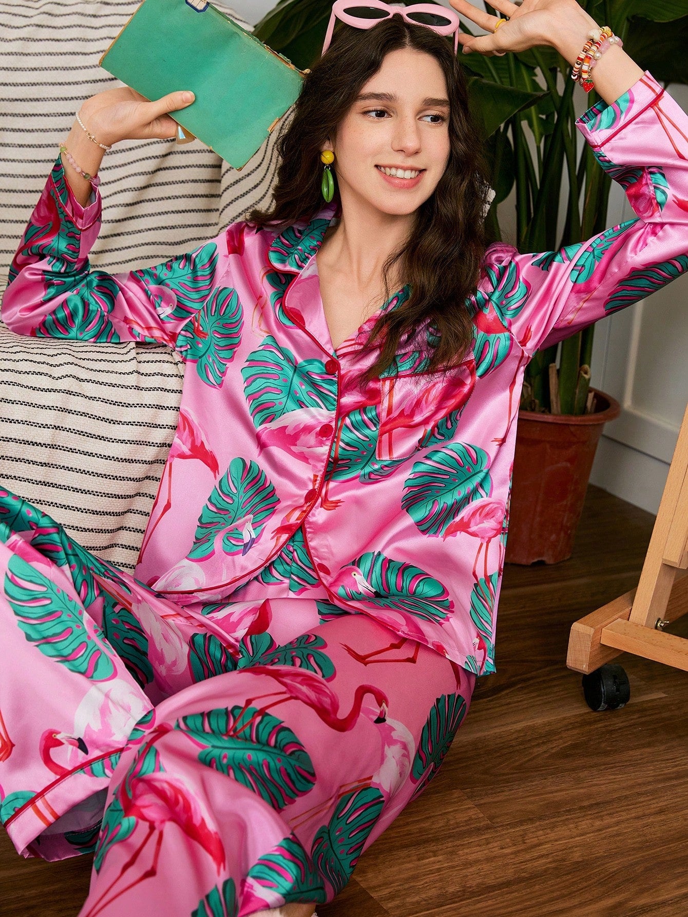 Tropical Flamingo Satin Pajama Set