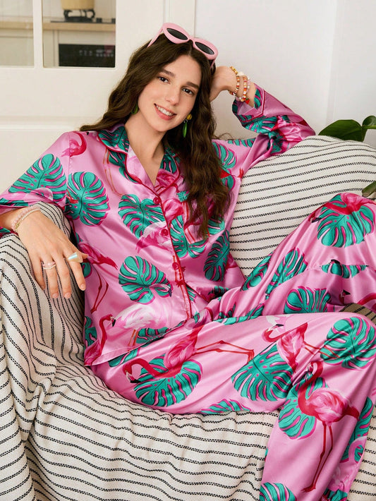 Tropical Flamingo Satin Pajama Set