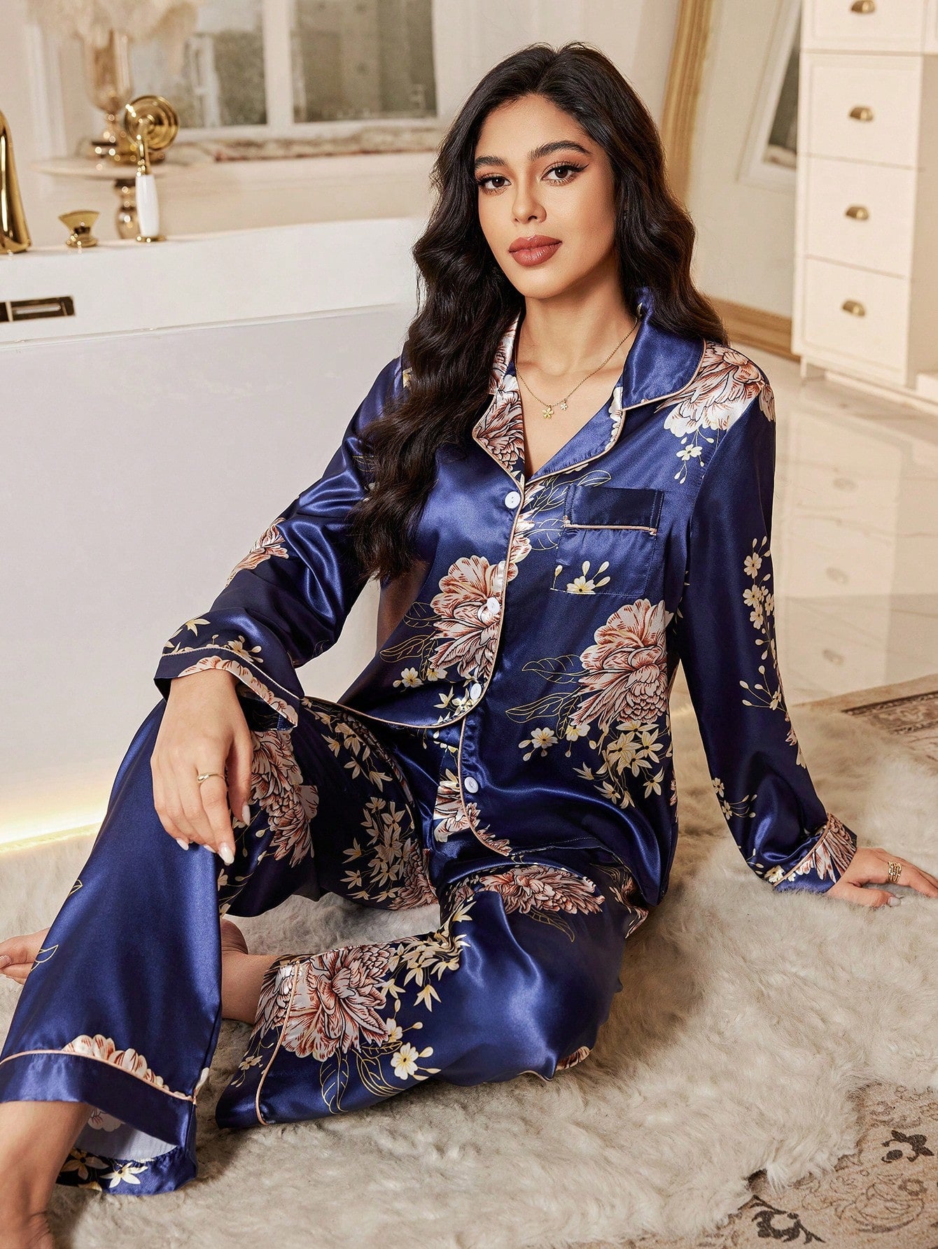 Midnight Bloom Satin Pajama Set
