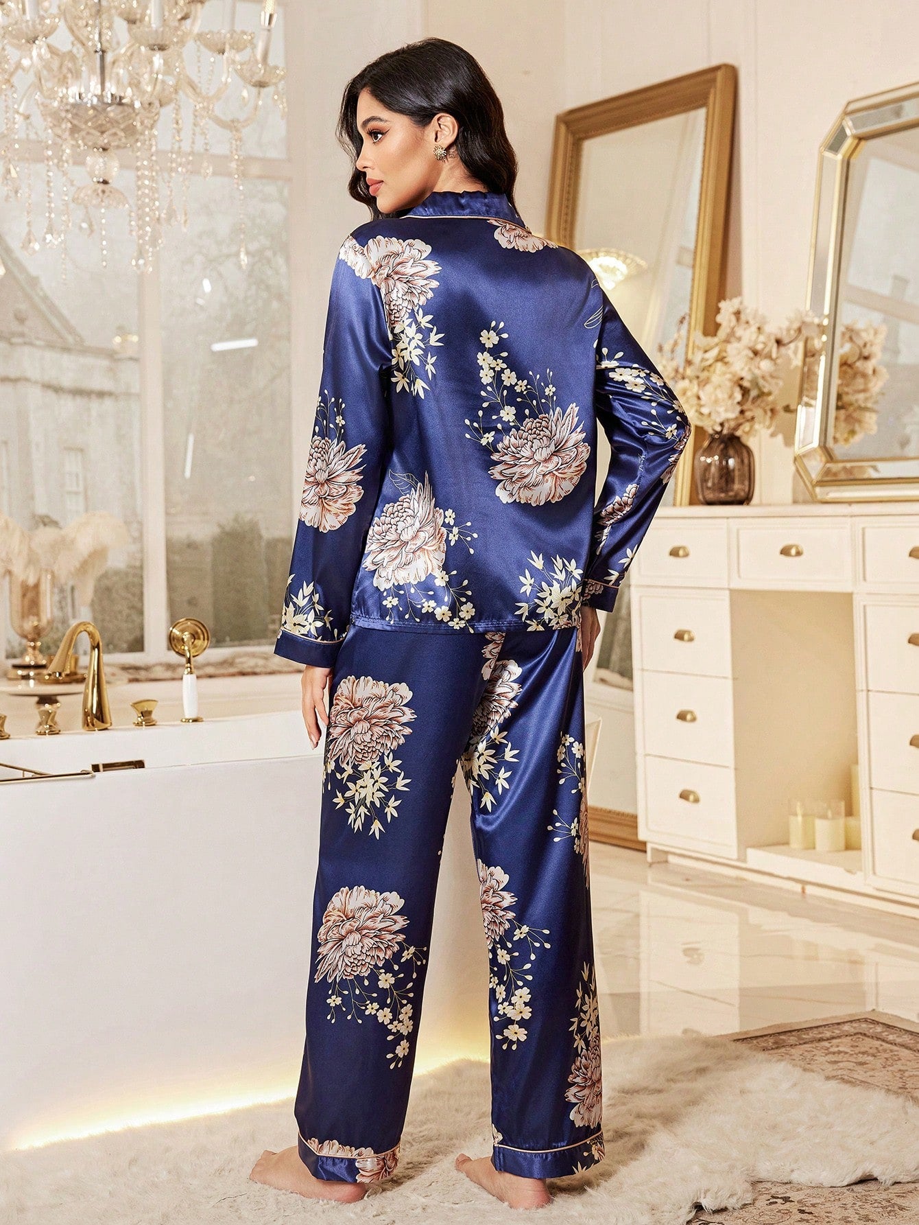 Midnight Bloom Satin Pajama Set