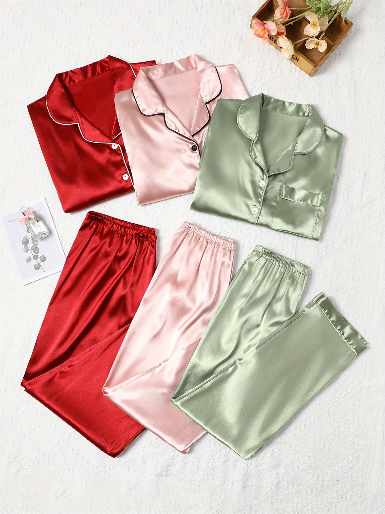 Women's Satin Night Suit Set – Pack of 3 (Red, Pink & Mint Green) | Full Sleeve Pajama Combo