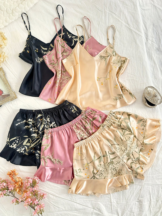 Women’s Premium Satin Cami Nightwear Set – Pack of 3 (Black, Pink & Beige Floral)