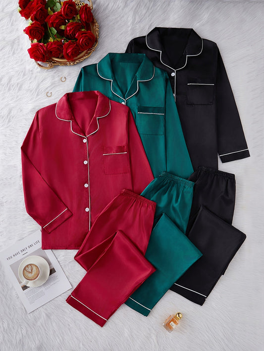 Women’s Premium Satin Night Suit Set – Pack of 3 (Wine Red, Teal Green & Black)