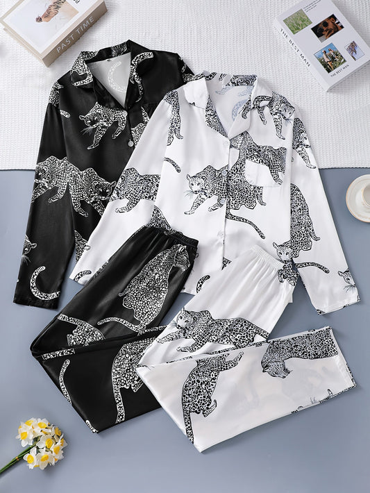 Women’s Premium Satin Night Suit Set – Pack of 2 (Black & White Leopard Print)