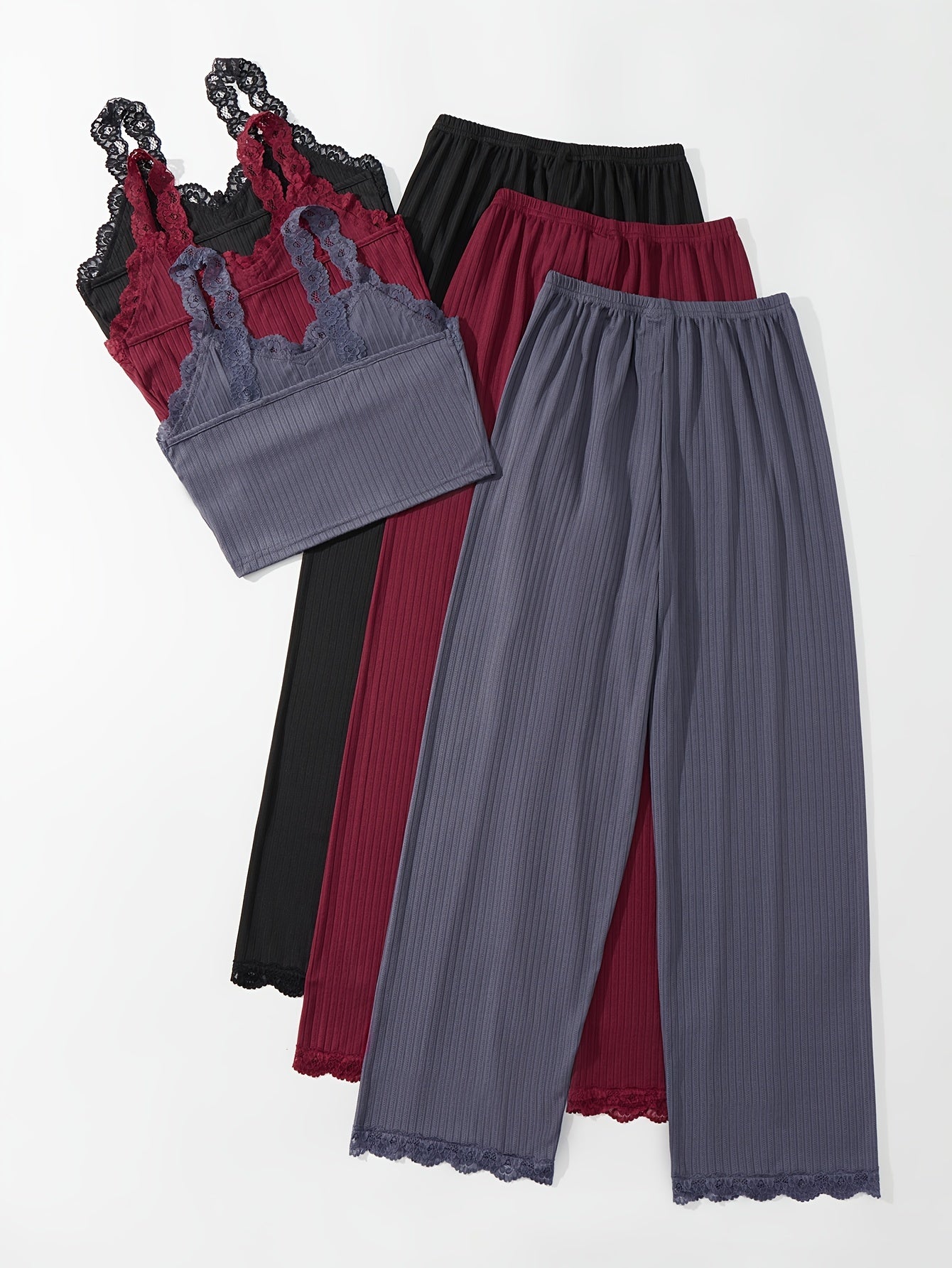 Lace Luxe Ribbed Lounge Co-ord Set (Combo of 3)