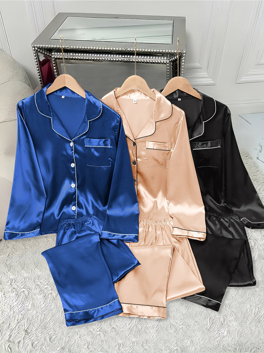 Women's Satin Night Suit Set – Pack of 3 (Royal Blue, Champagne & Black) | Full Sleeve Pajama Set
