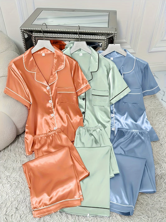 Women’s Satin Short Sleeve Night Suit Set – Pack of 3 (Peach, Mint Green & Sky Blue)