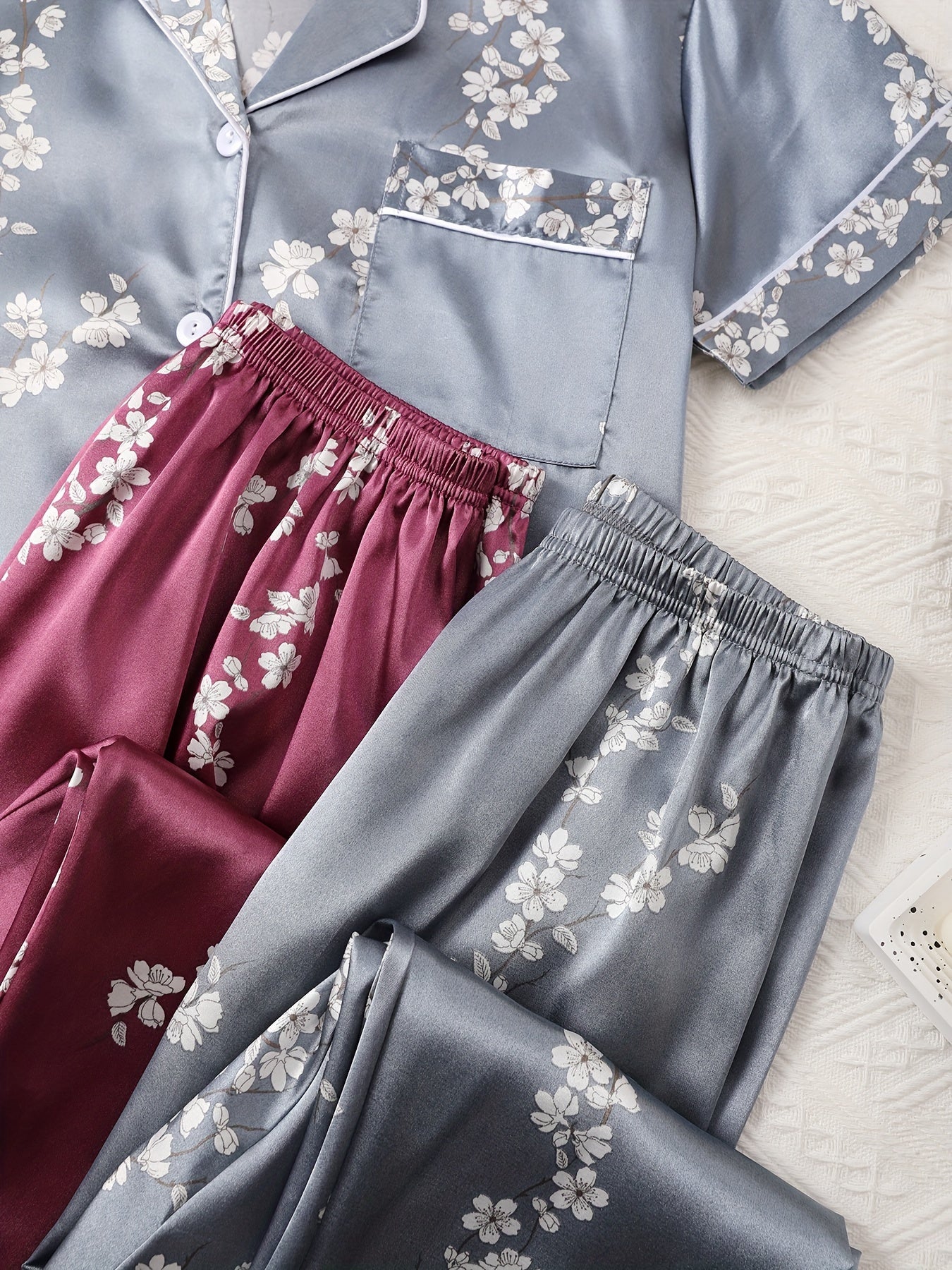 Women’s Satin Floral Night Suit Set – Pack of 2 (Wine & Steel Grey) | Short Sleeve Pajama Combo