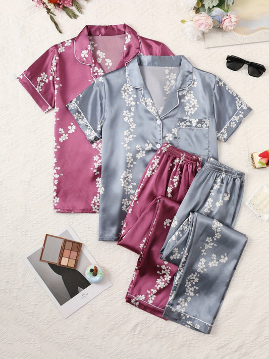 Women’s Satin Floral Night Suit Set – Pack of 2 (Wine & Steel Grey) | Short Sleeve Pajama Combo