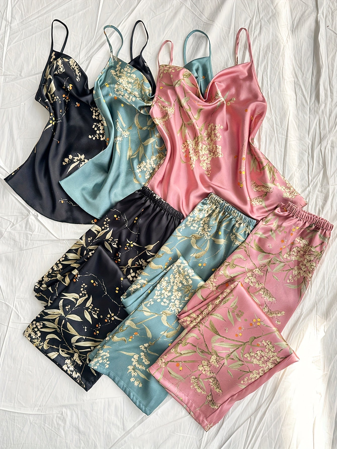 Fleur Silk Botanical Satin Co-ord Set (Combo of 3)