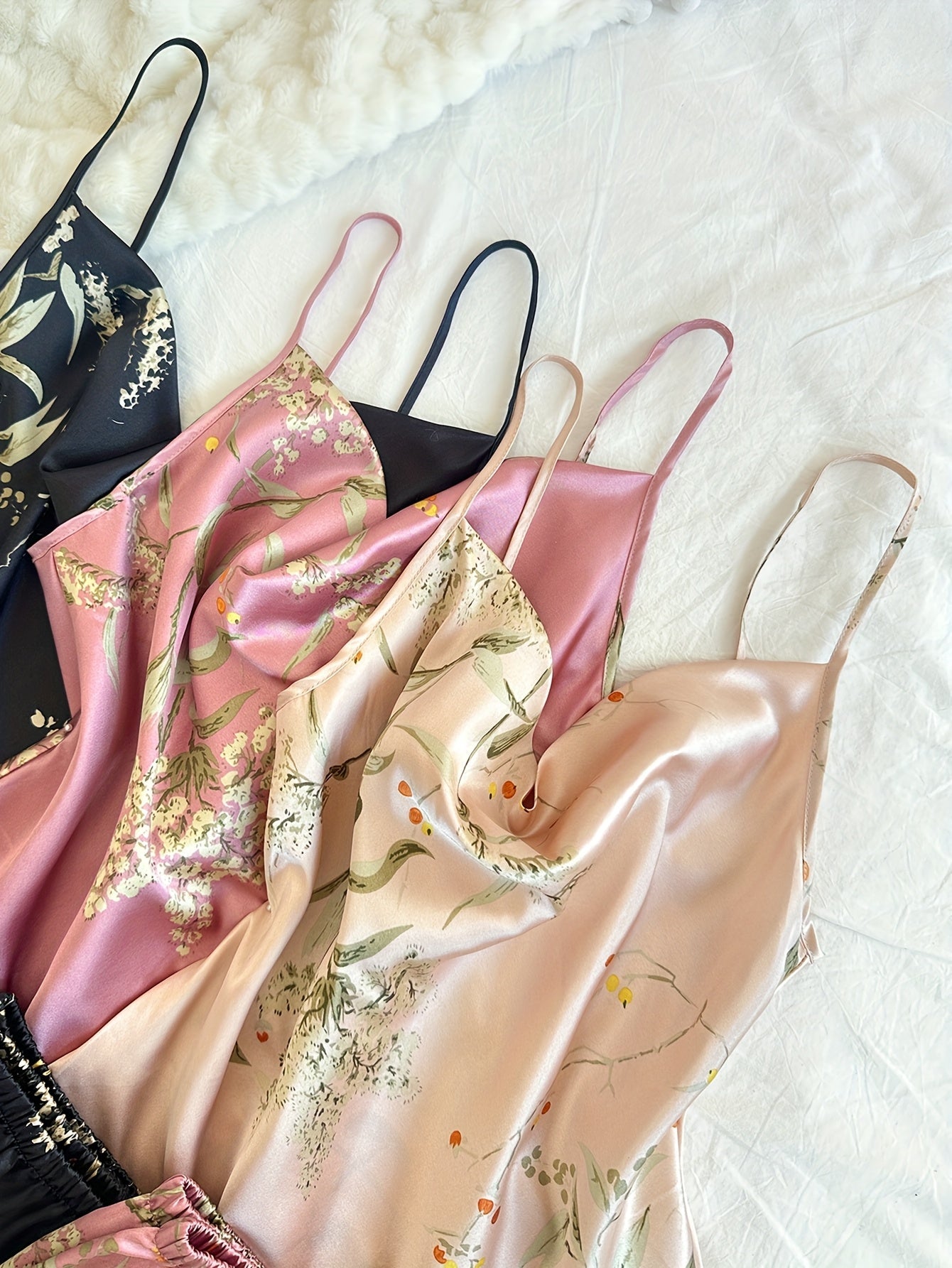 Women’s Floral Satin Camisole Nightwear Set – Pack of 3 (Black, Pink & Beige)