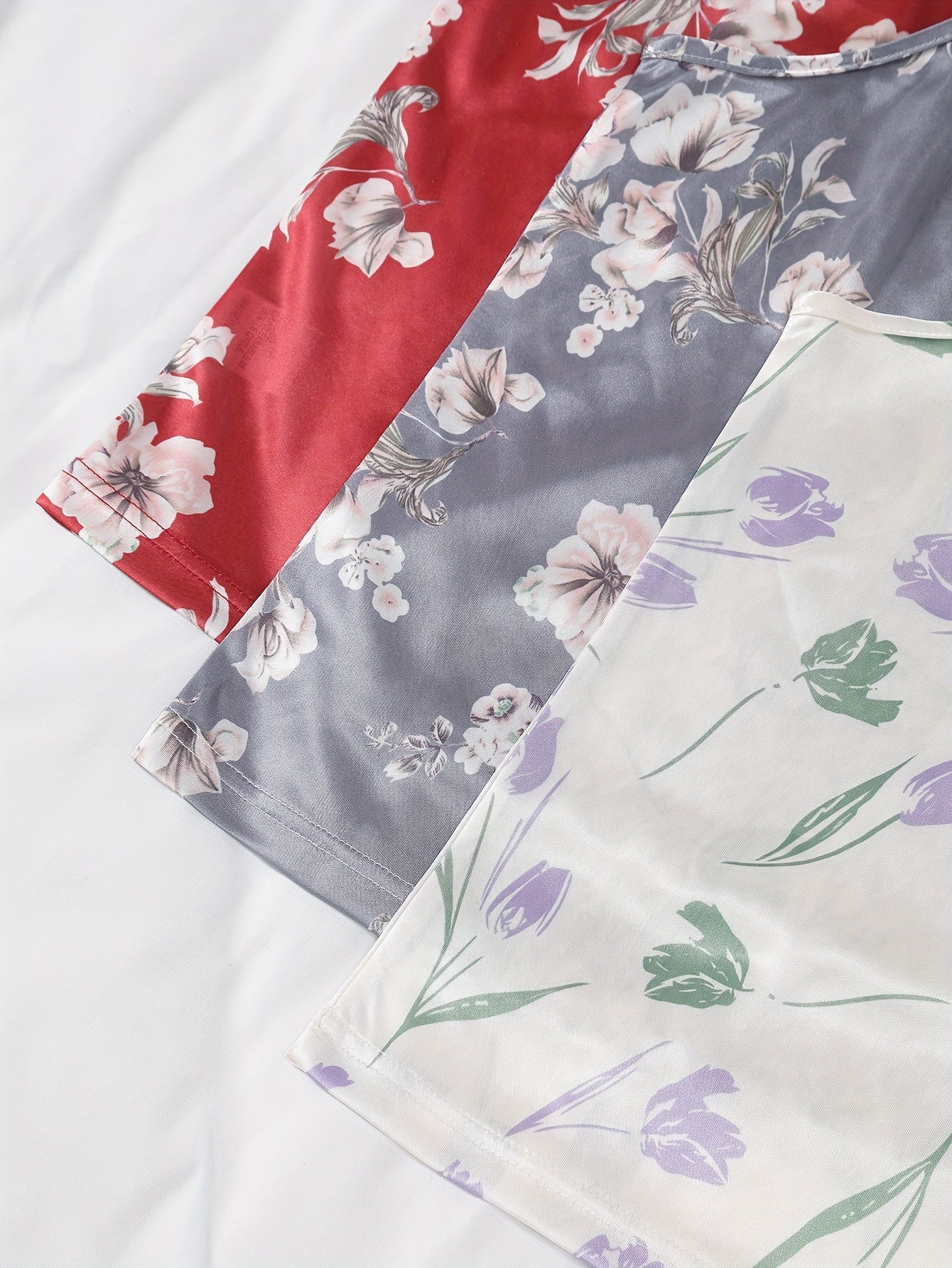 Women’s Premium Satin Cami Nightwear Set – Pack of 3 (Red, Grey & White Floral)
