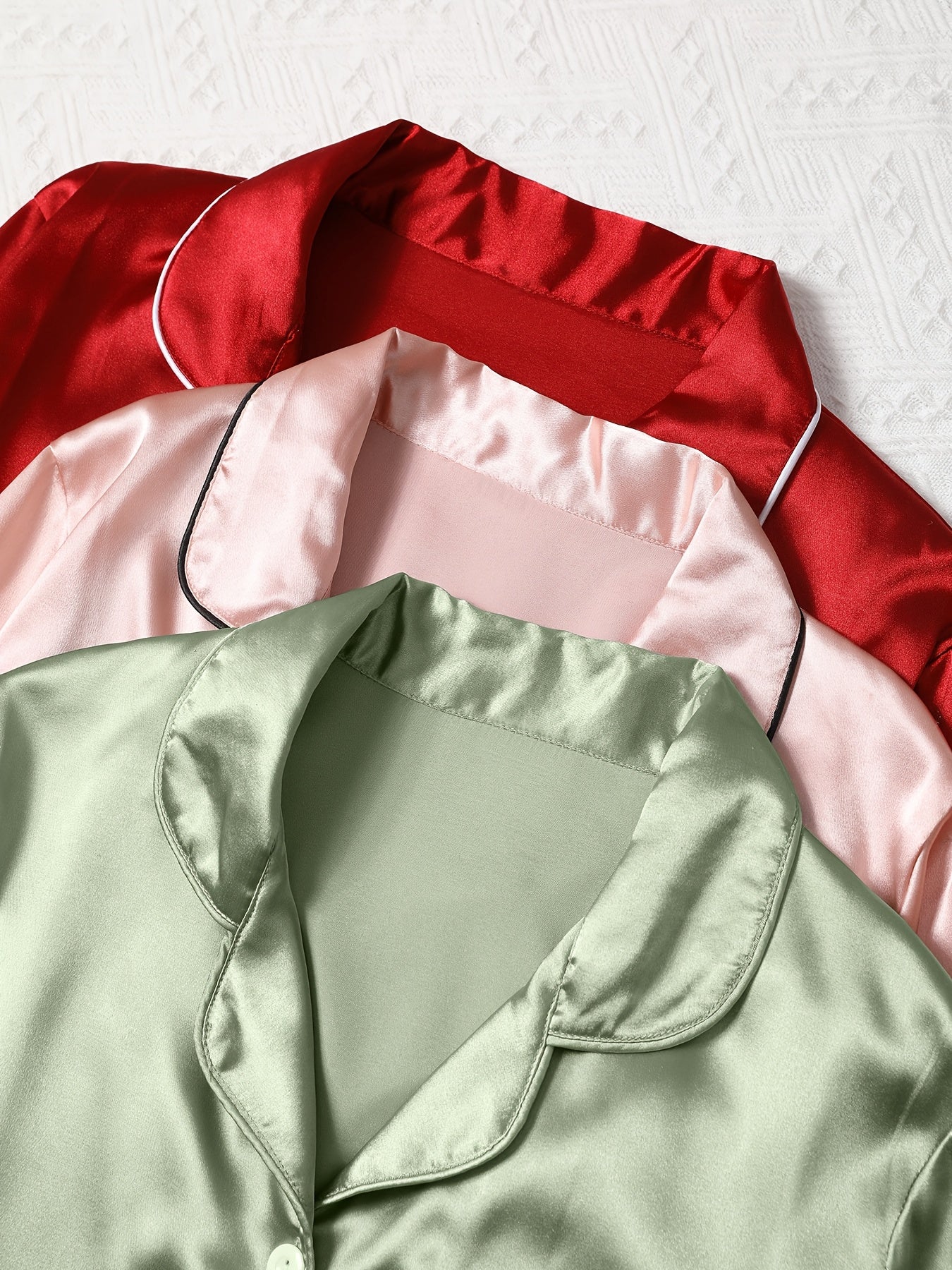 Women's Satin Night Suit Set – Pack of 3 (Red, Pink & Mint Green) | Full Sleeve Pajama Combo