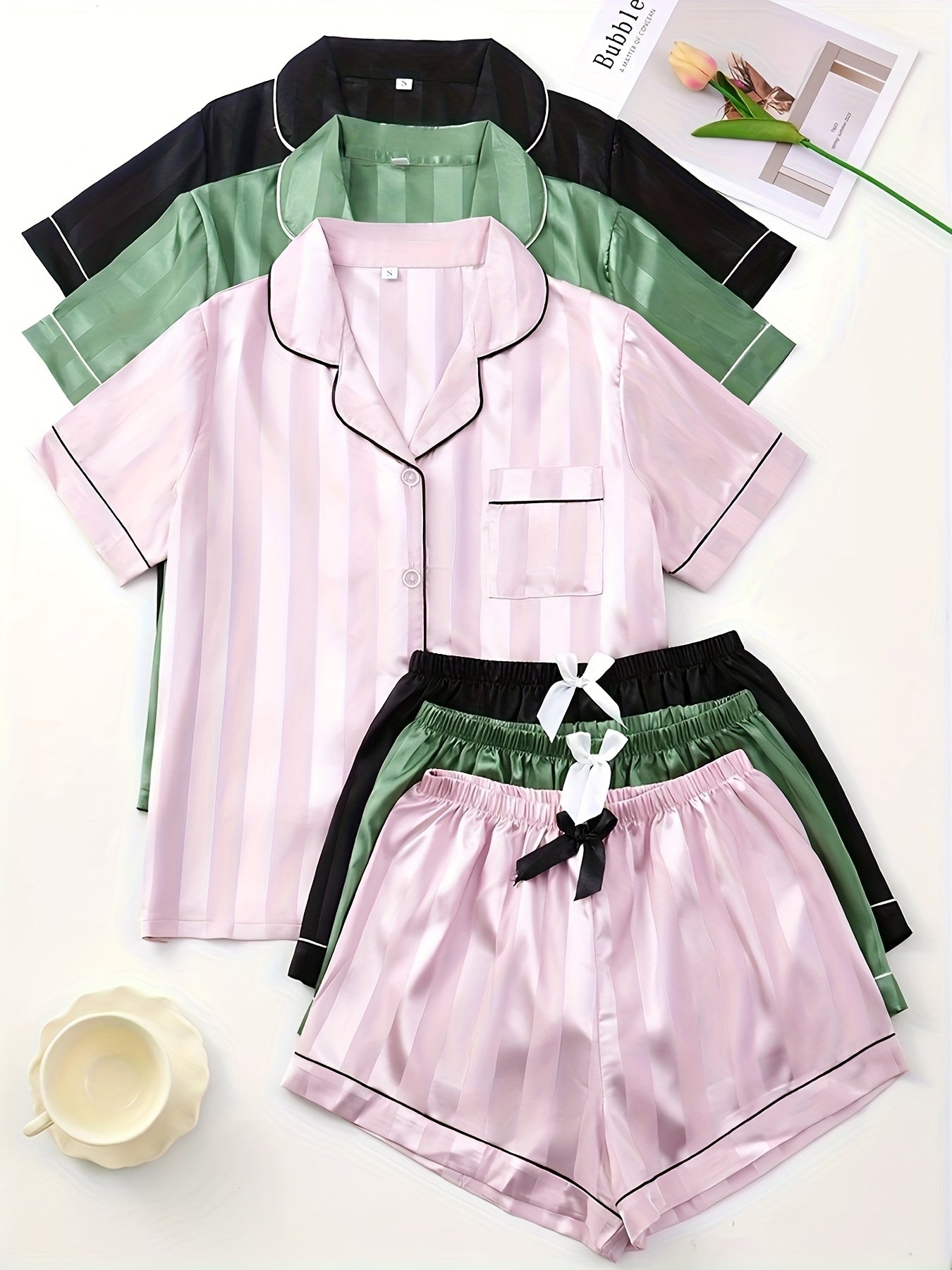 Blush Stripe Satin PJ Set (Combo of 3)