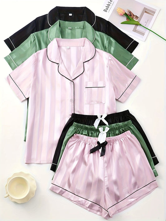 Blush Stripe Satin PJ Set (Combo of 3)