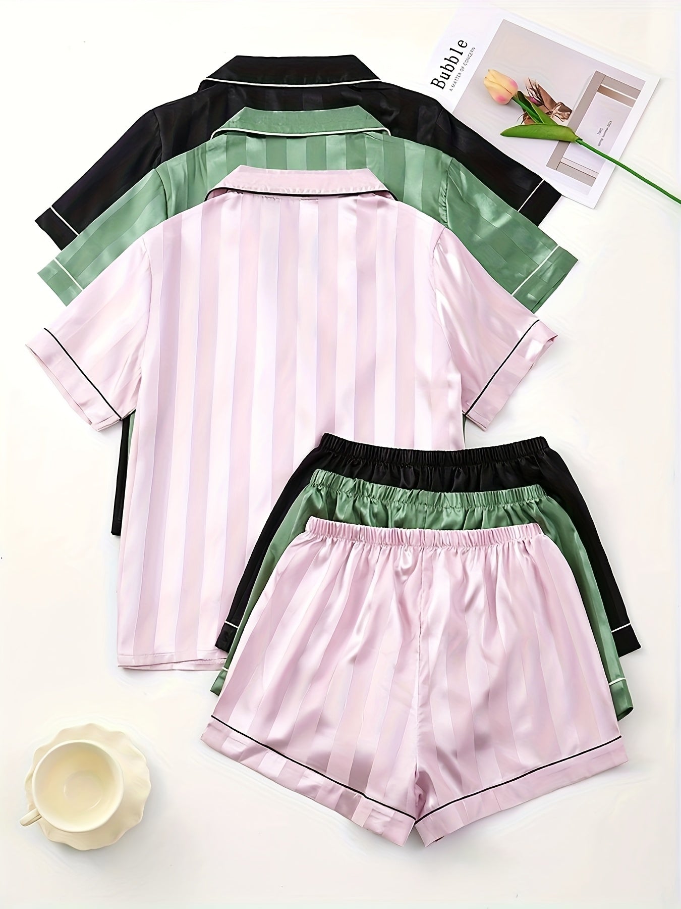 Blush Stripe Satin PJ Set (Combo of 3)