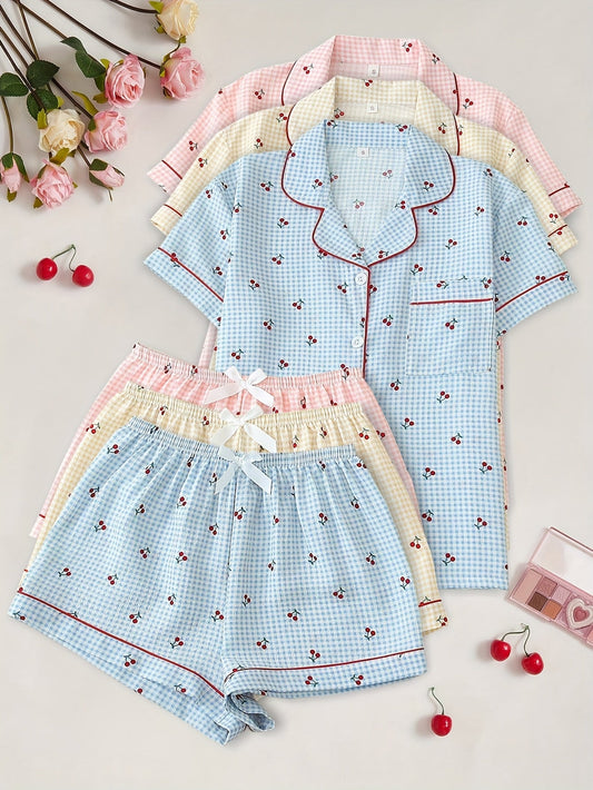 Cherry Gingham Cotton PJ Set (Combo of 3)
