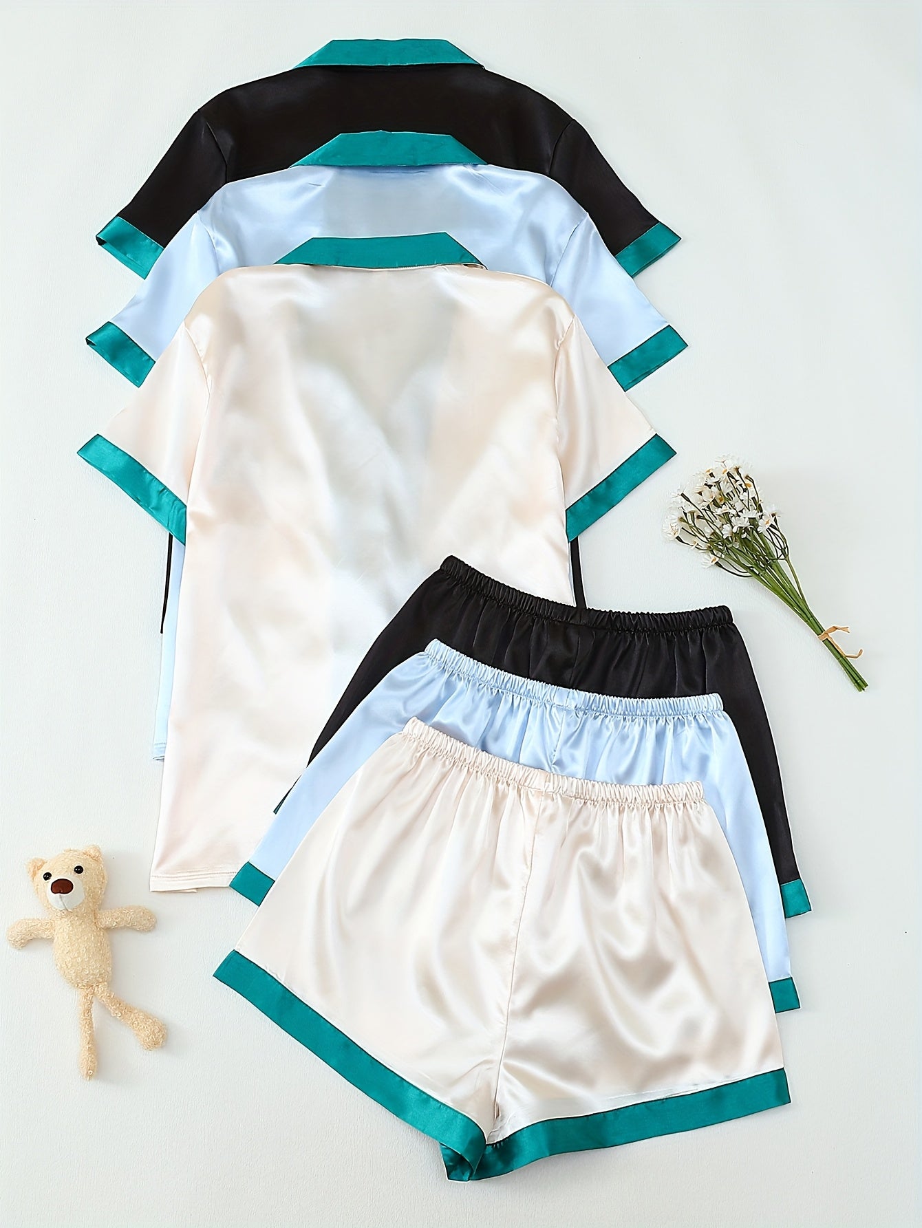 Luxe Edge Contrast Satin PJ Set (Combo of 3)