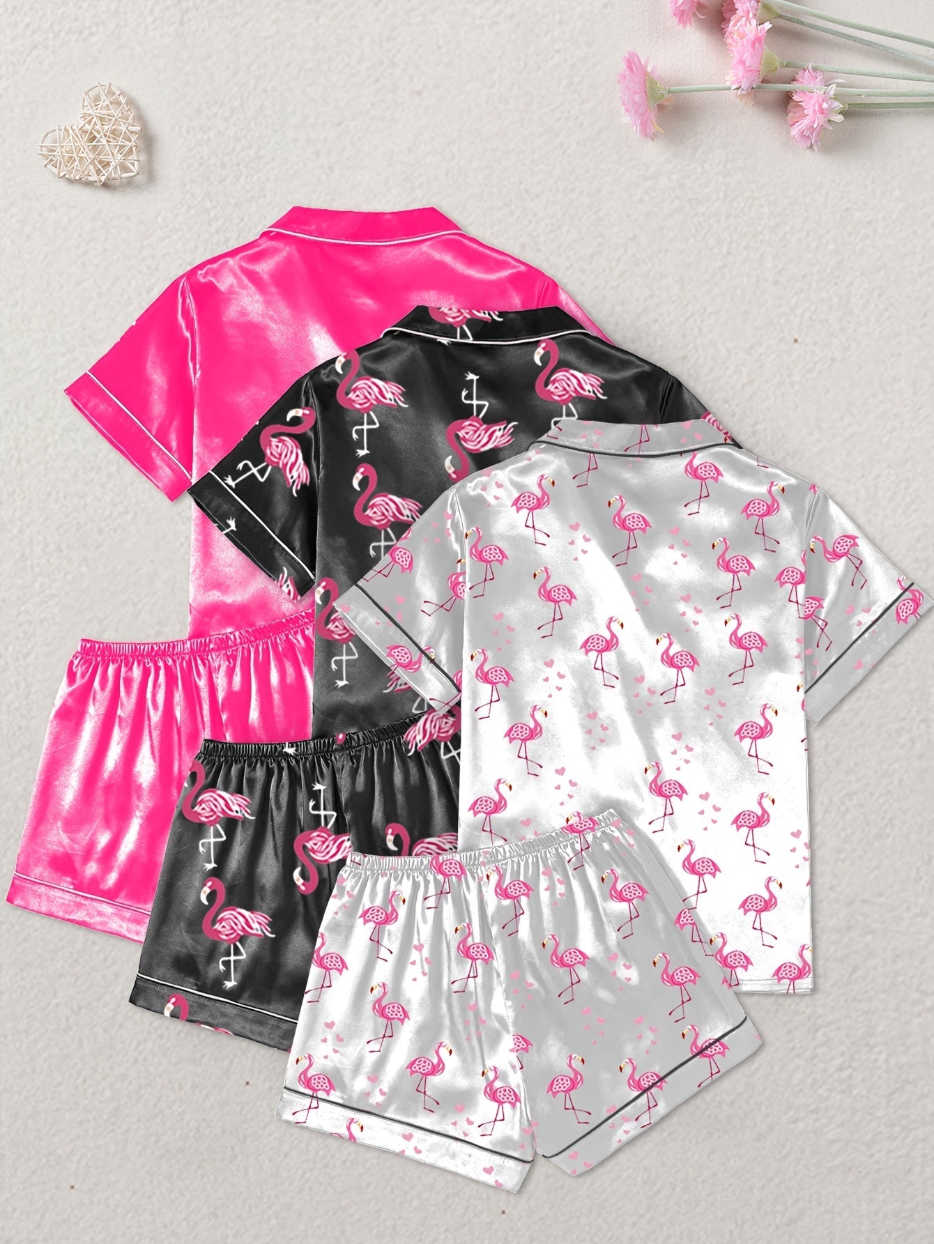 Women's Satin Flamingo Print Nightwear Set – Pack of 3 (Pink, Black & Silver)