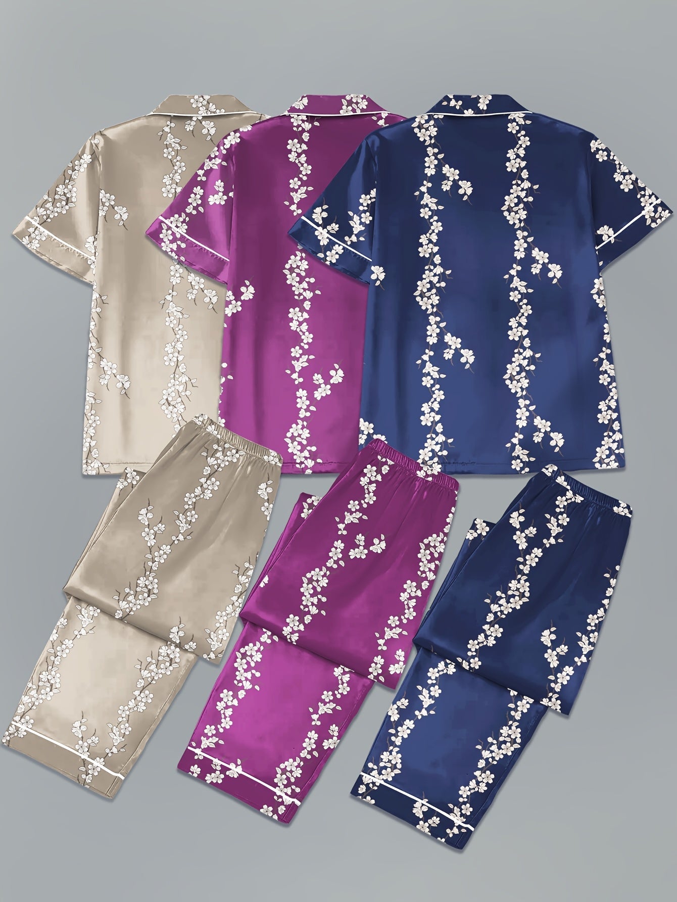 Women’s Satin Floral Print Night Suit Set – Pack of 3 (Beige, Purple & Navy Blue)