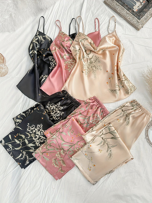 Women’s Floral Satin Camisole Nightwear Set – Pack of 3 (Black, Pink & Beige)