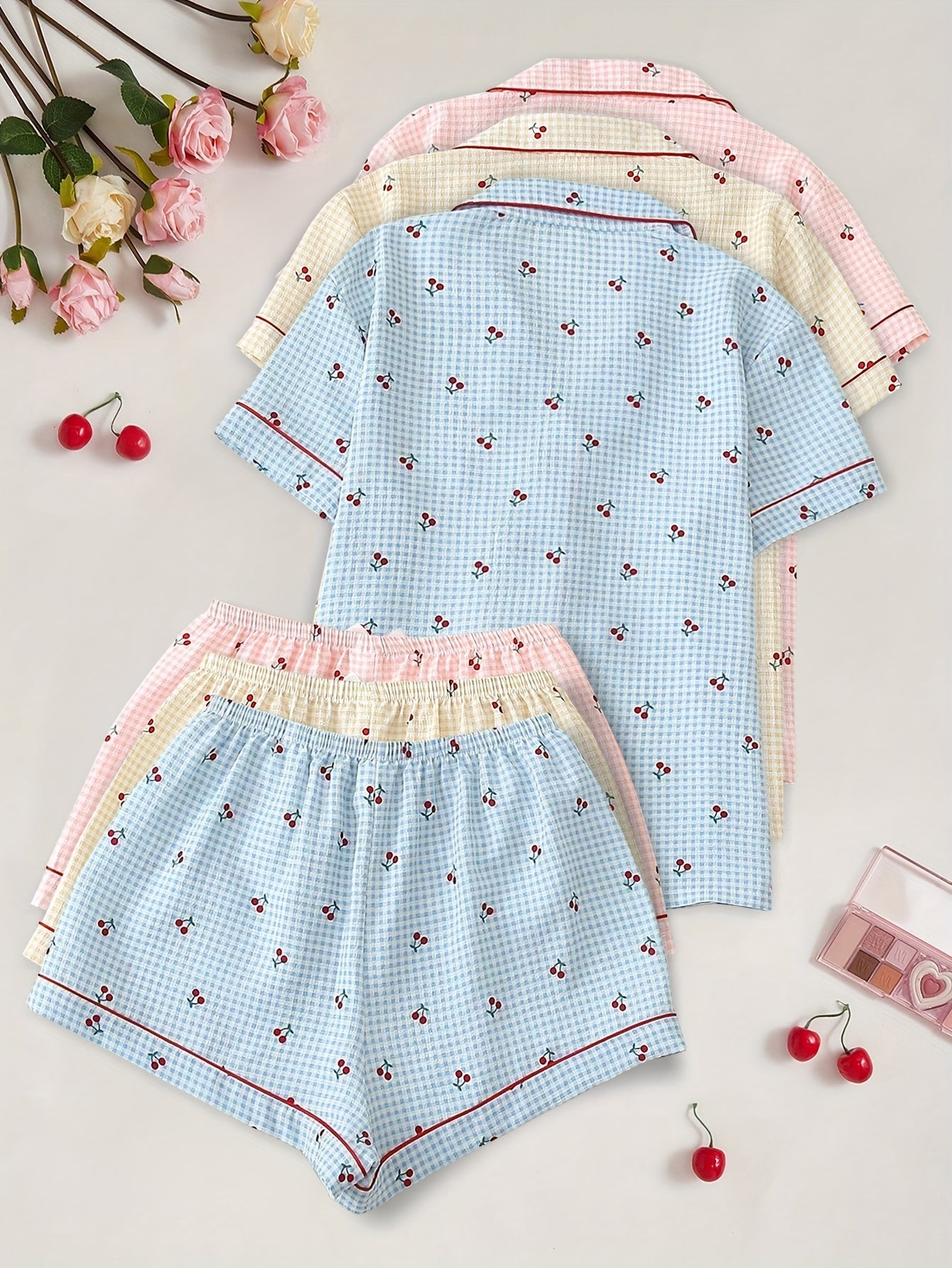 Cherry Gingham Cotton PJ Set (Combo of 3)