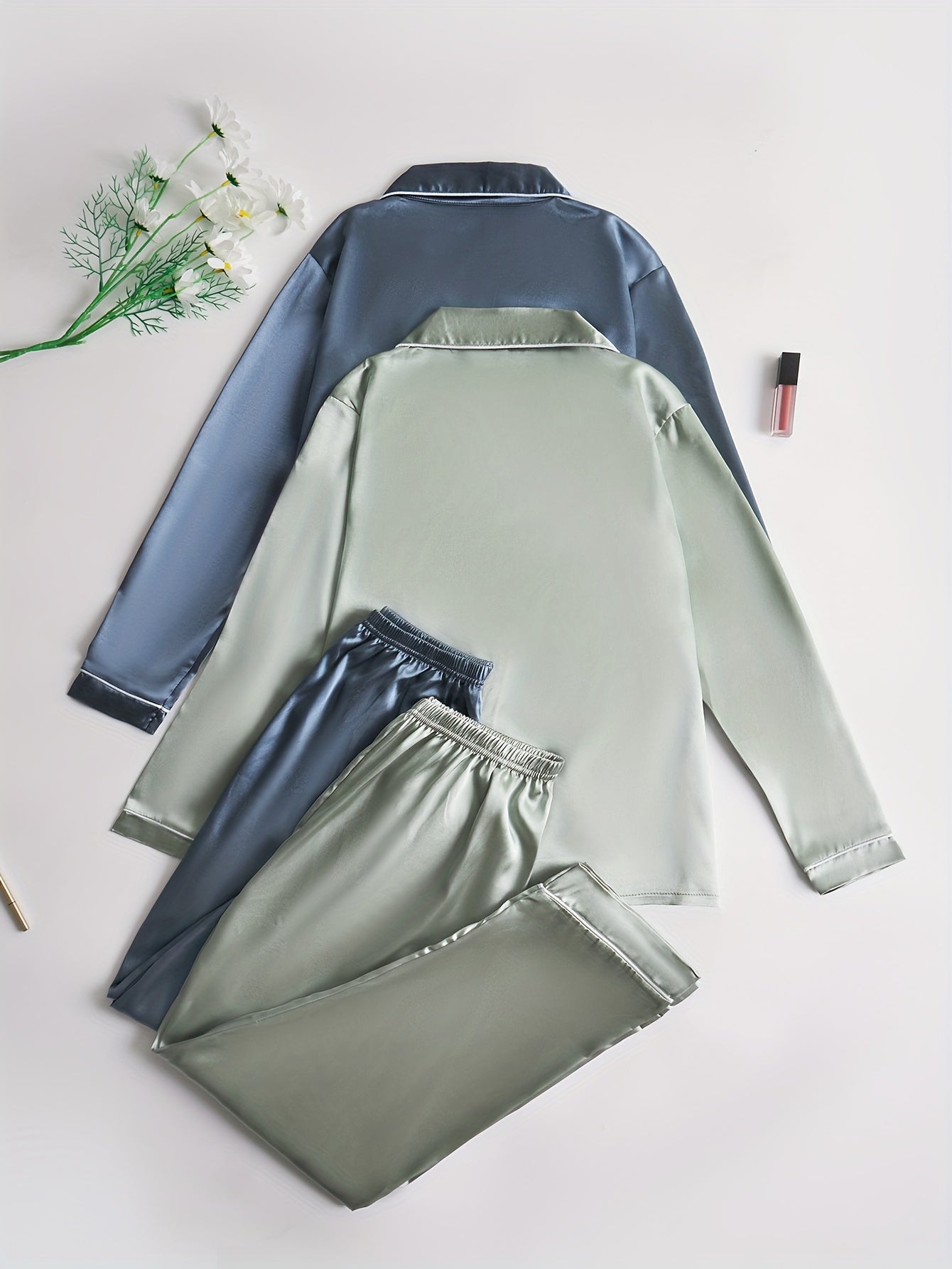 Women’s Premium Satin Night Suit Set – Pack of 2 (Olive Green & Steel Blue)