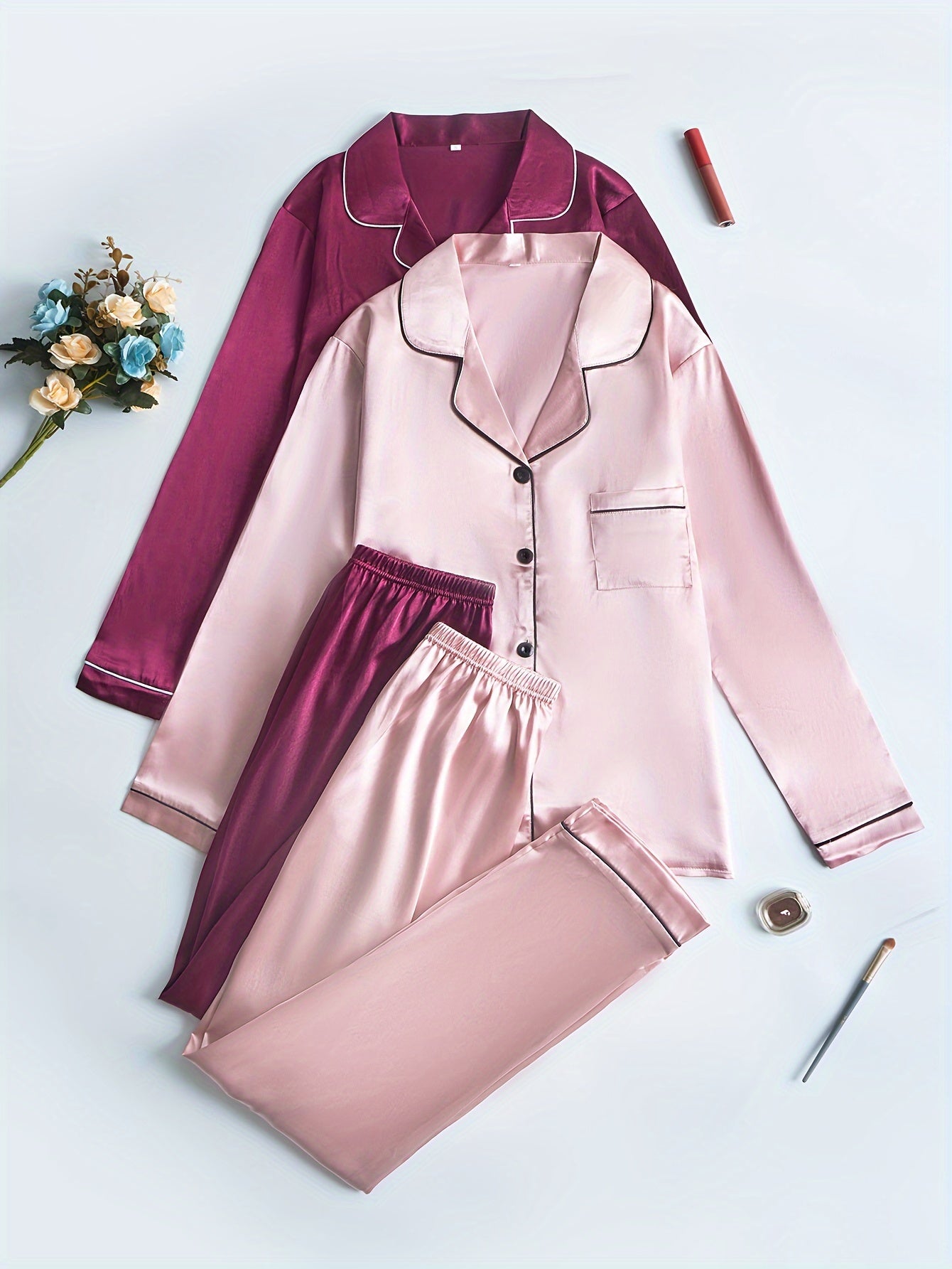 Women’s Premium Satin Night Suit Set – Pack of 2 (Blush Pink & Wine)