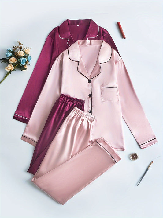 Women’s Premium Satin Night Suit Set – Pack of 2 (Blush Pink & Wine)
