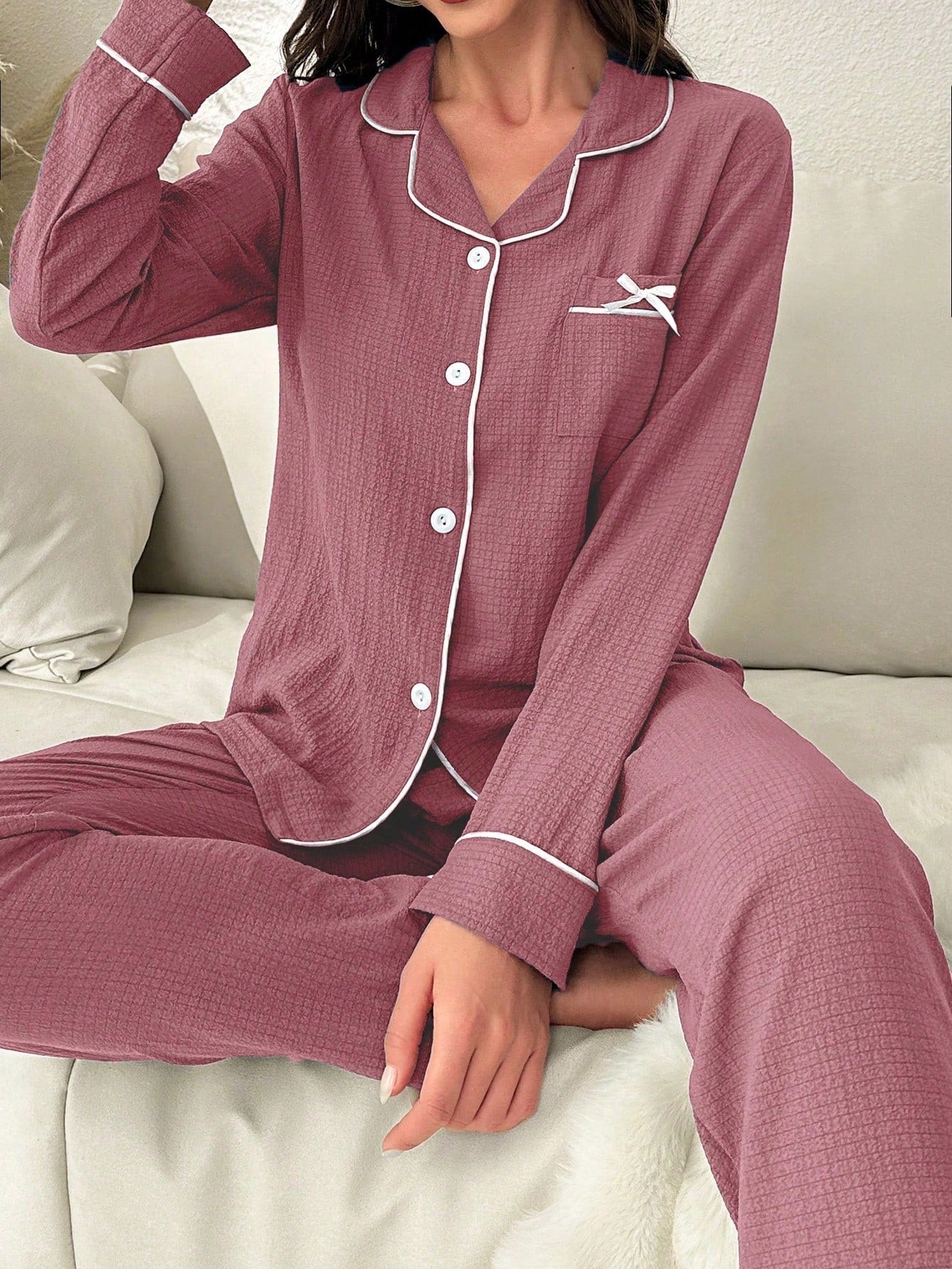 Rolled Edge & Bowknot Detail Pajamas Set (Pack of 3 Sets)