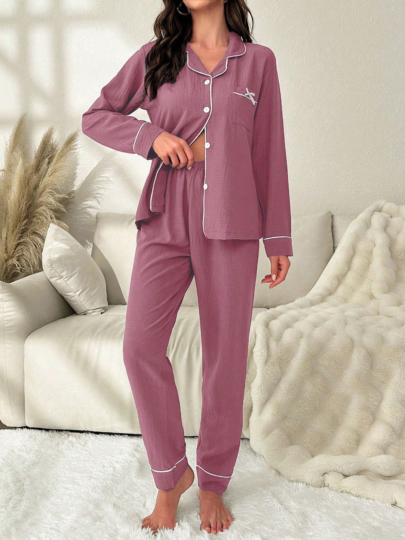 Rolled Edge & Bowknot Detail Pajamas Set (Pack of 3 Sets)