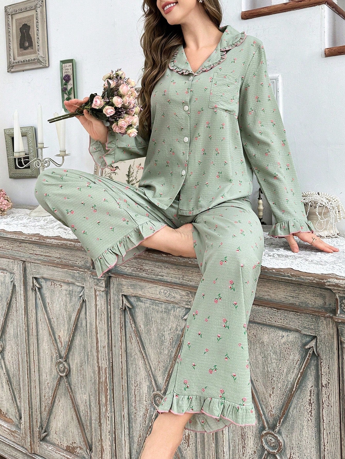 Ditsy Floral Print Ruffle Trim Open Front Pajama Set(Pack of 3 Sets)