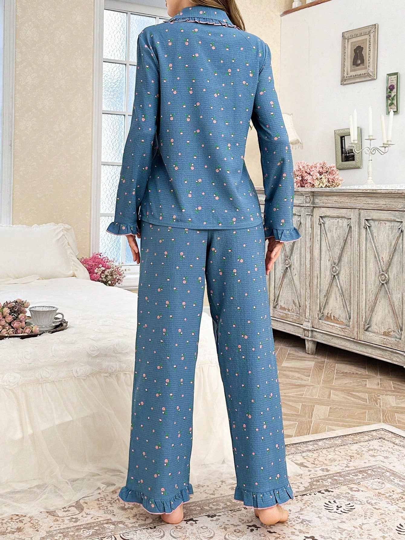Ditsy Floral Print Ruffle Trim Open Front Pajama Set(Pack of 3 Sets)