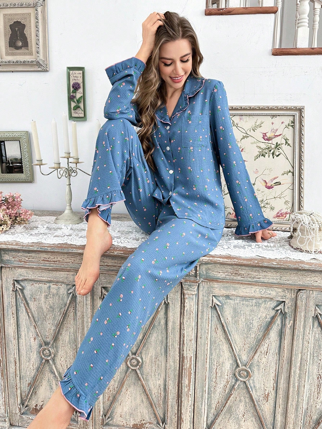Ditsy Floral Print Ruffle Trim Open Front Pajama Set(Pack of 3 Sets)