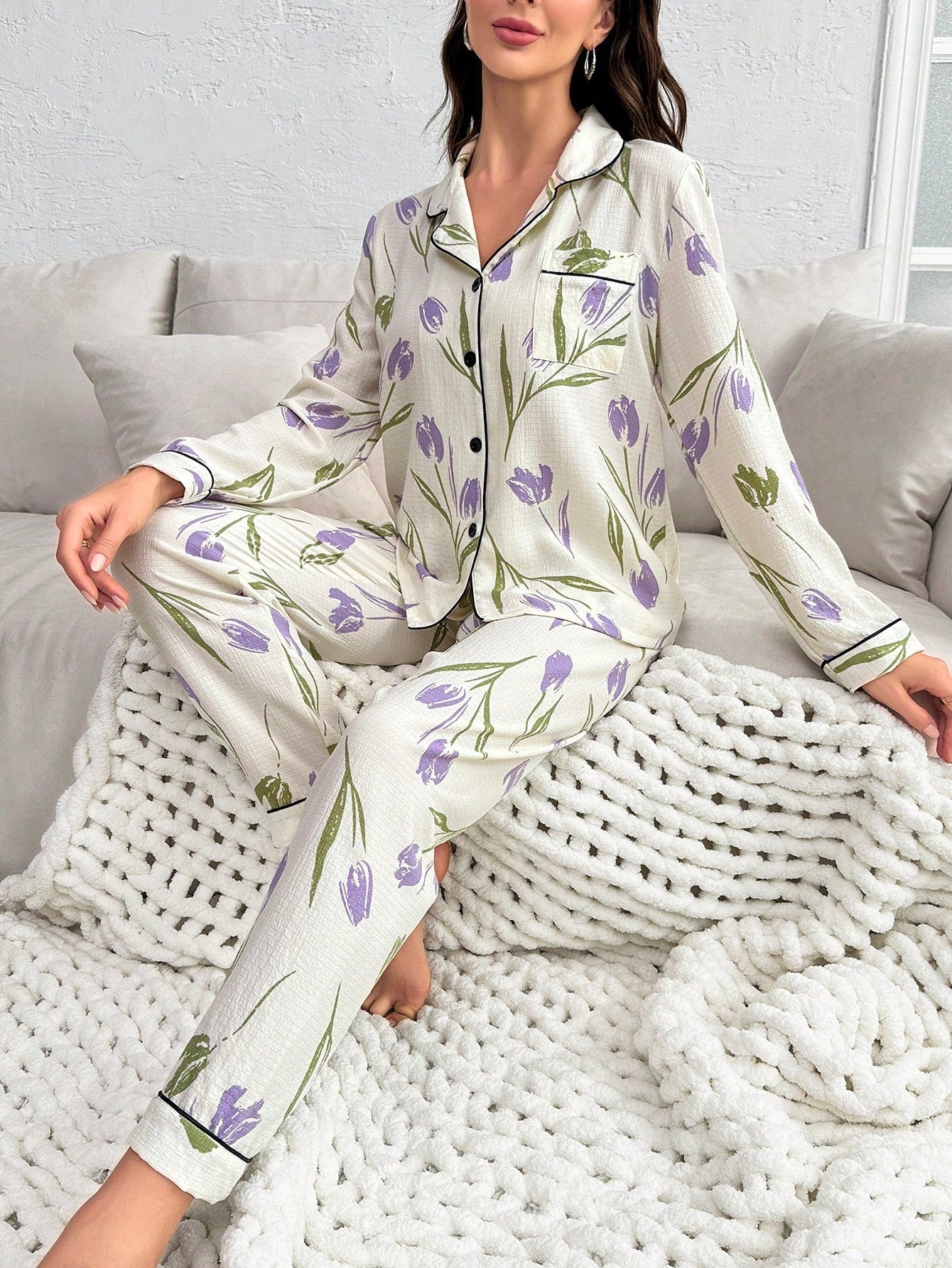Flower Printed Long Sleeve Long Pants Pajama Set (Pack of 3 Sets)