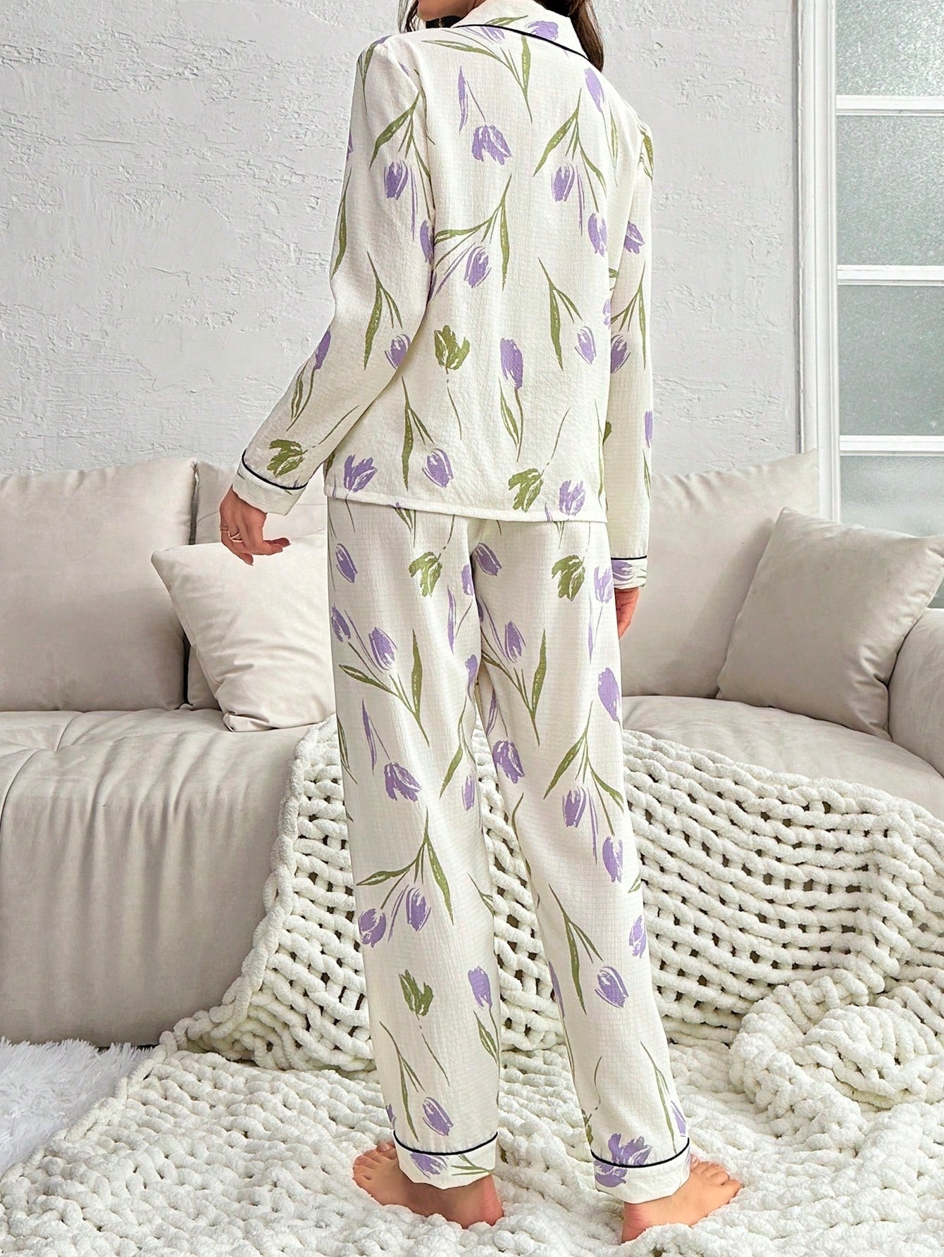 Flower Printed Long Sleeve Long Pants Pajama Set (Pack of 3 Sets)