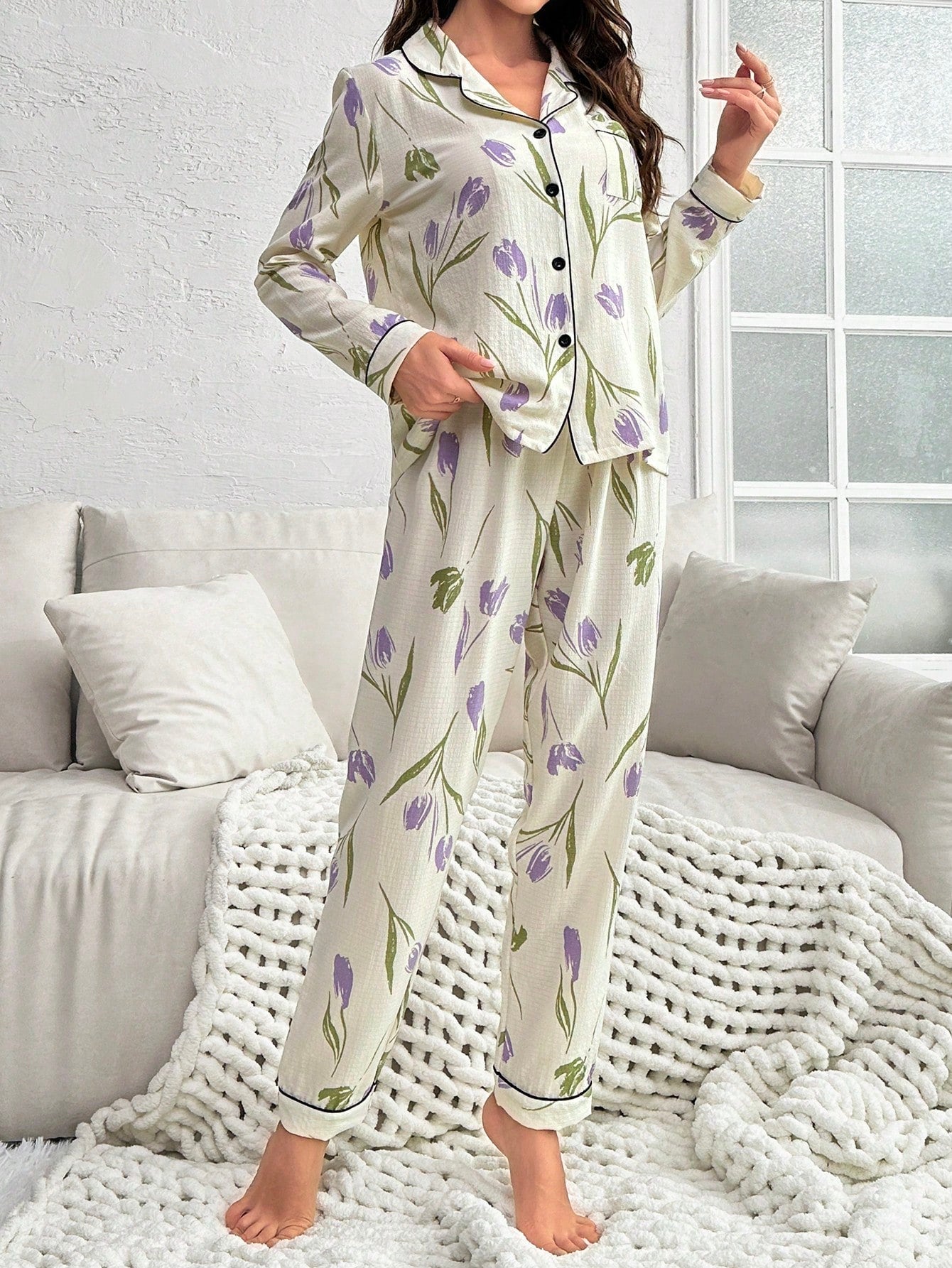 Flower Printed Long Sleeve Long Pants Pajama Set (Pack of 3 Sets)