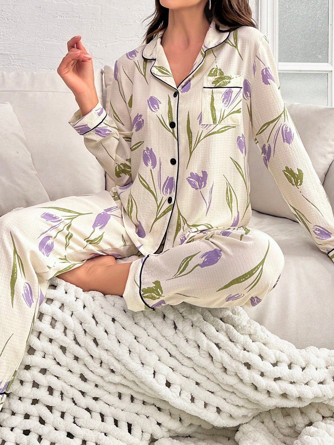 Flower Printed Long Sleeve Long Pants Pajama Set (Pack of 3 Sets)