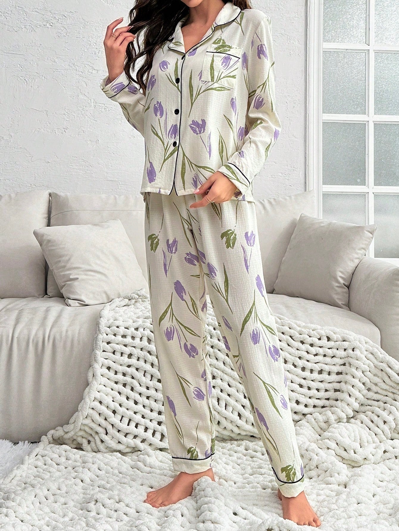 Flower Printed Long Sleeve Long Pants Pajama Set (Pack of 3 Sets)