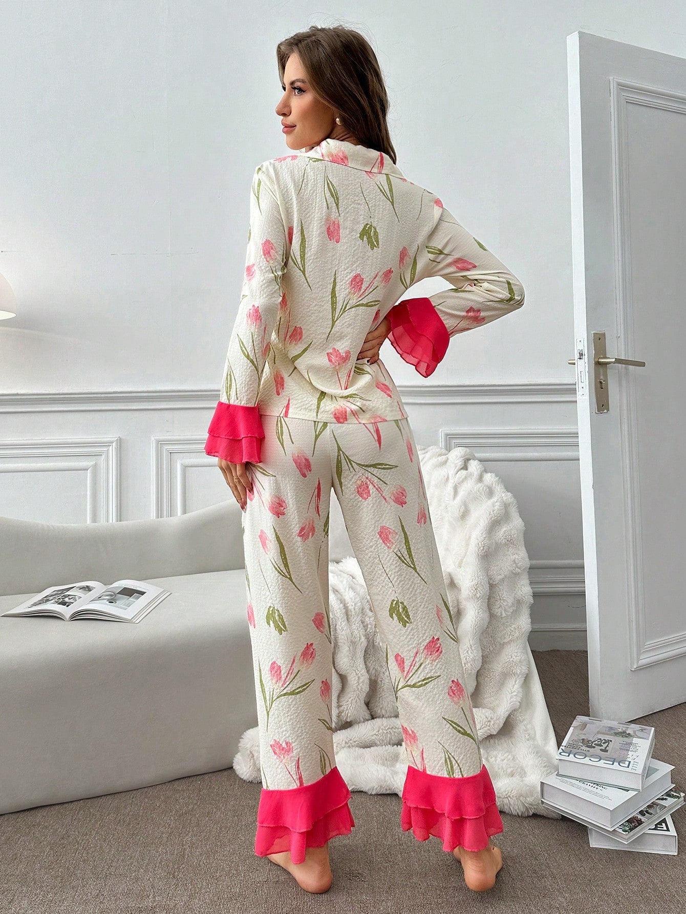 Print Patchwork Ruffle Trim Decorated Pajama Set (Pack of 3 Sets)