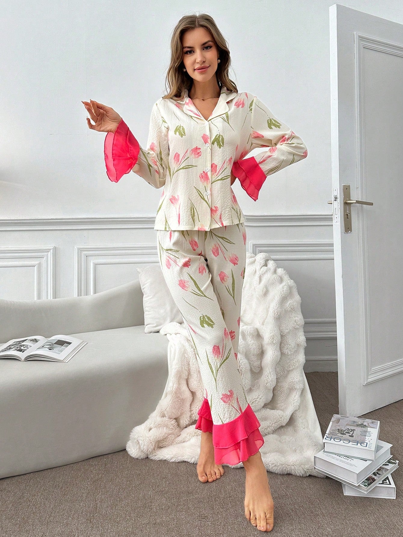 Print Patchwork Ruffle Trim Decorated Pajama Set (Pack of 3 Sets)