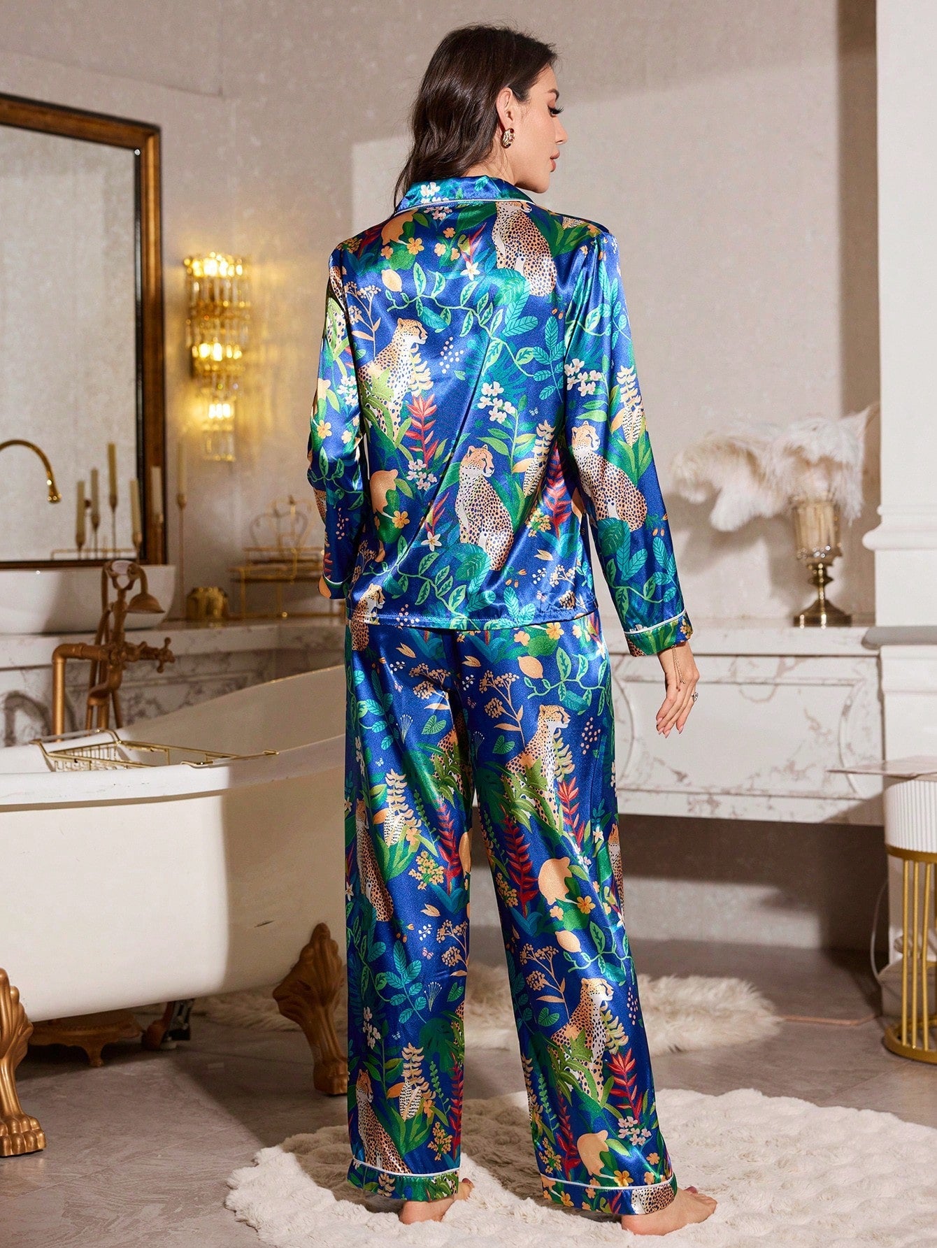 Contrast Trim Faux Silk Floral Print Short Pajama Set(Pack of 3 Sets)