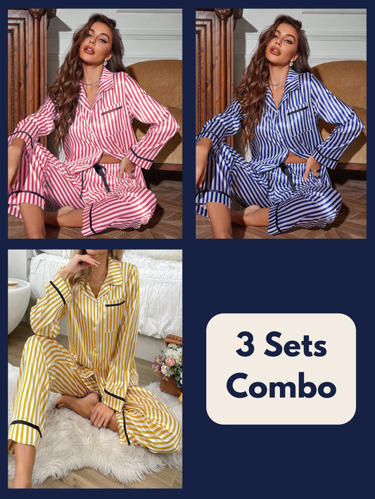 Luxe Satin Stripe Pajama Set Combo (Pack of 3)